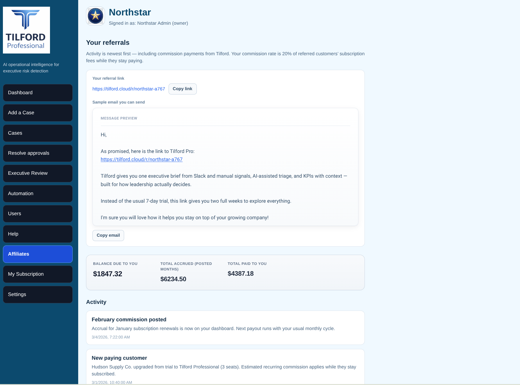 Tilford affiliate dashboard — referral link, earnings, activity, and referrals
