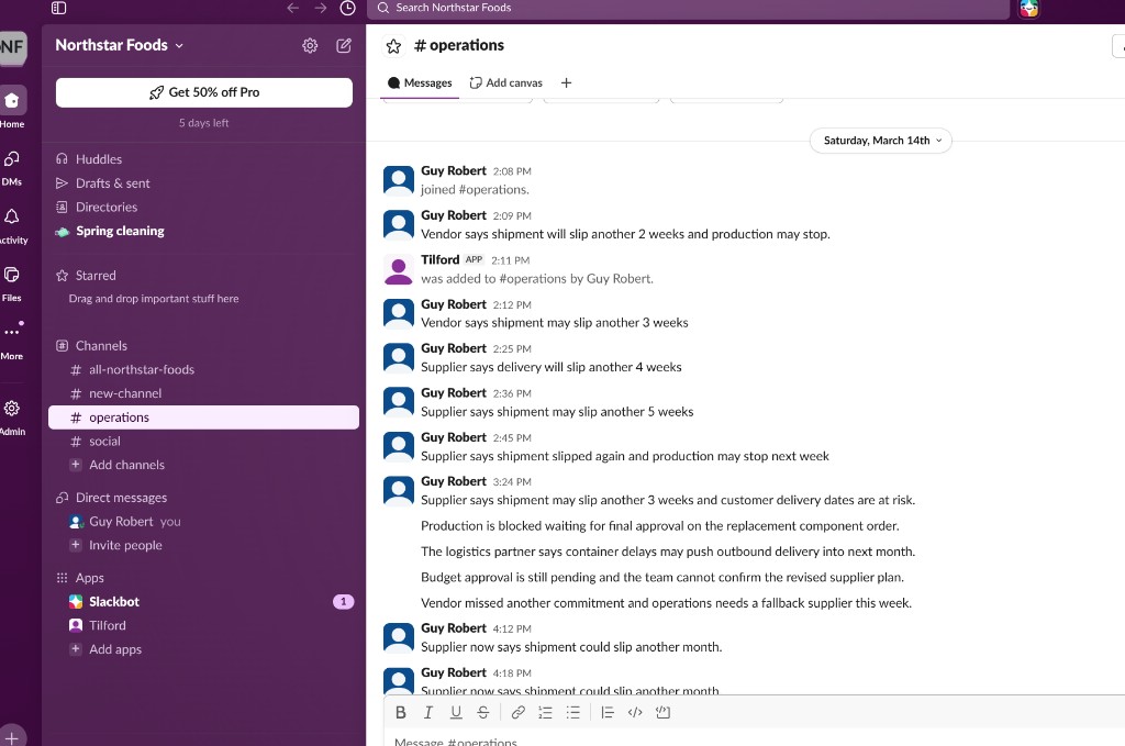 Slack workspace, Northstar Foods #operations with Tilford app and supply-chain signal thread